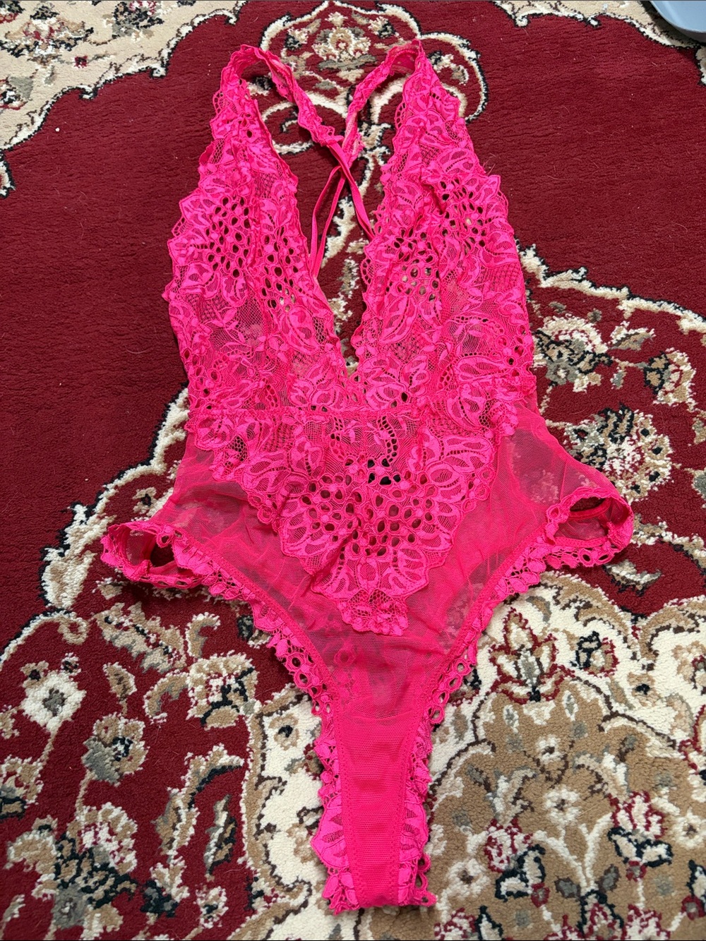 Victoria's Secret Hot Pink Lace Plunge Halter Teddy